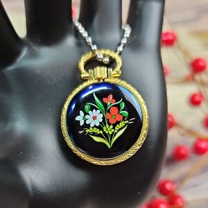 VINTAGE CYCLE NECKLACE WATCH ENAMEL FLORAL BACKING
